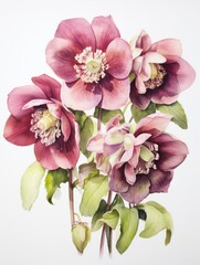 Group of Hellebores: A Watercolor Painting on White Canvas AI Generated