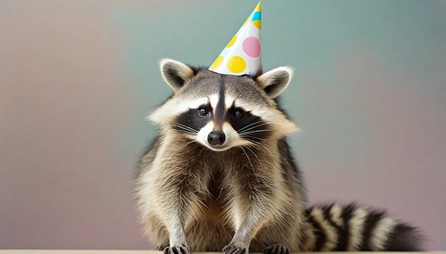 Cute Racoon With Birthday Party Hat On Pastel Background