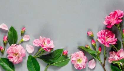 spring composition of pink flowers on grey background with copy space creative layout flat lay top view summer minimal concept