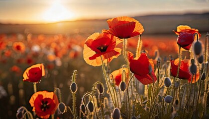 beautiful nature background with red poppy flower poppy in the sunset in the field remembrance day veterans day lest we forget concept