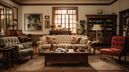 Cozy and charming living room in retro classical style, adorned with loose furniture that adds a...