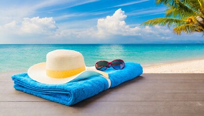 Obraz na płótnie Canvas blue towel with hat and summer beach
