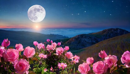 fantasy landscape with glowing pink flowers and big moon ai