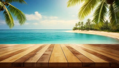 wooden table top with the blurred tropical beach landscape for display or montage your products ai generative