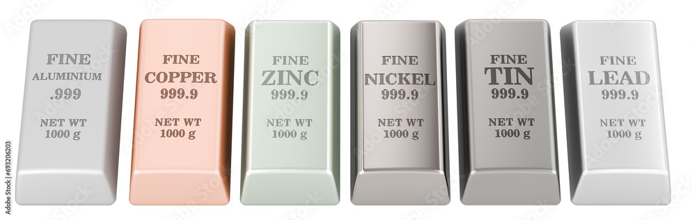 Aufkleber set of non-ferrous metals ingots, 3d rendering isolated on transparent background