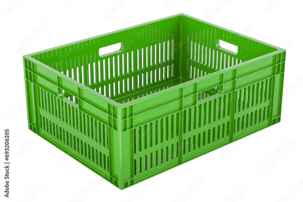 Poster empty green plastic crate, 3d rendering isolated on transparent background
