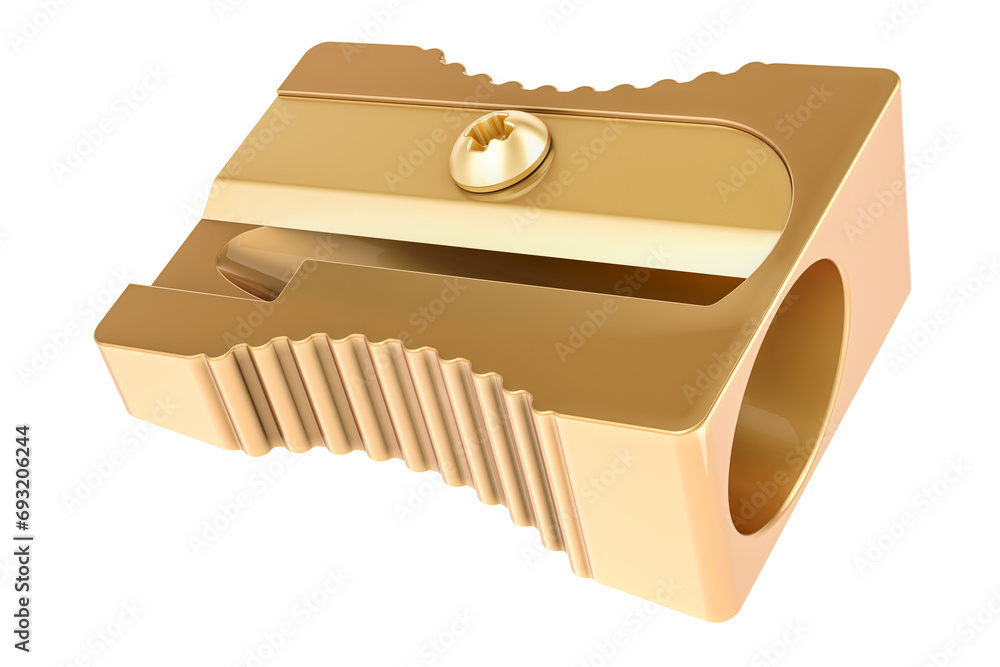 Poster golden pencil sharpener, 3d rendering isolated on transparent background
