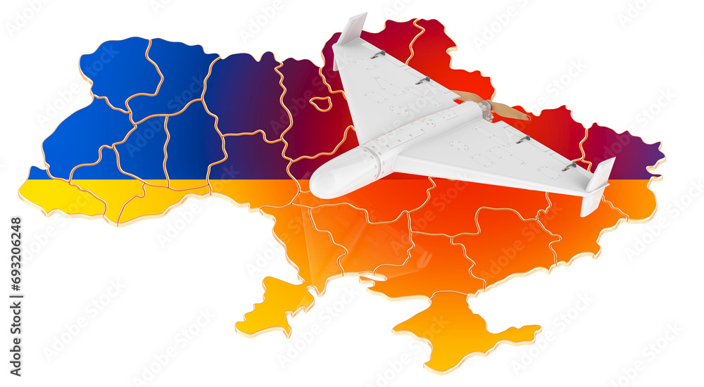 Poster kamikaze drone attacking ukraine, concept. 3d rendering isolated on transparent background