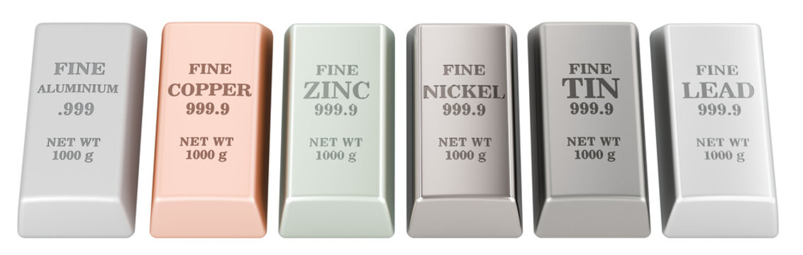 Set of non-ferrous metals ingots, 3D rendering isolated on transparent background