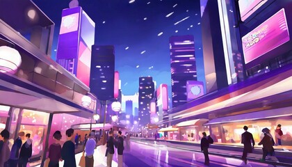 shibuya the shopping center night 2d anime background illustration