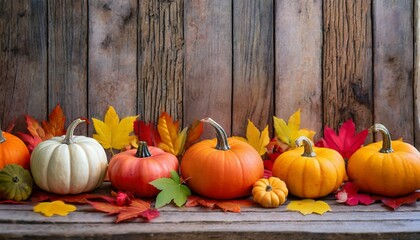 a colorful display of pumpkins pumpkins and leaves sitting in a row on wooden background space for text generative ai