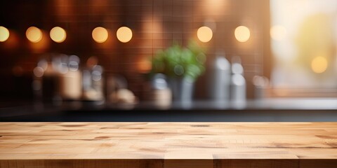 Blurred background with wooden tabletop in kitchen. - obrazy, fototapety, plakaty