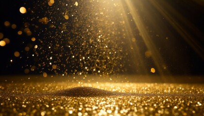 twinkling golden glitter falling on a flat surface lit by a bright spotlight - Powered by Adobe