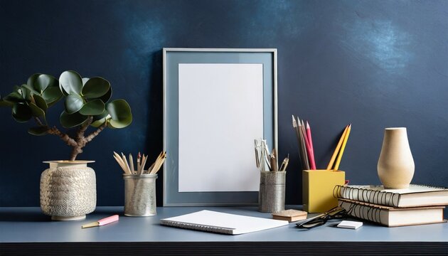 creative desk with a blank picture frame or poster desk objects office supplies books and plant on a dark blue background