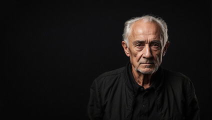 old man isolated in black background, backdrop with copy space
