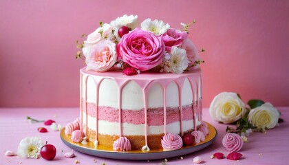 beautiful cake in pink tones on a pink background wedding cake birthday cake valentine s day cake