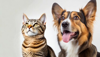 banner with a cat and a dog looking up on white background