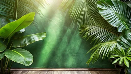 Fototapeten bali style template green background exotic tropical wall with green palm and banana leaves and atmospheric sunlight rays © Kelsey
