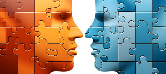 Human face  made of colorful puzzle pieces. Knowledge and logic concept. Header with connecting jigsaw puzzle pieces - obrazy, fototapety, plakaty