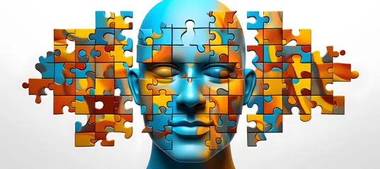 Foto op Canvas Human face  made of colorful puzzle pieces. Knowledge and logic concept. Header with connecting jigsaw puzzle pieces © Oksana