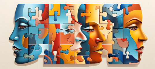 Human face  made of colorful puzzle pieces. Knowledge and logic concept. Header with connecting jigsaw puzzle pieces - obrazy, fototapety, plakaty
