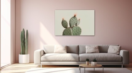  a living room with a couch and a painting of a cactus on the wall next to a coffee table with a potted plant in the corner of the room.