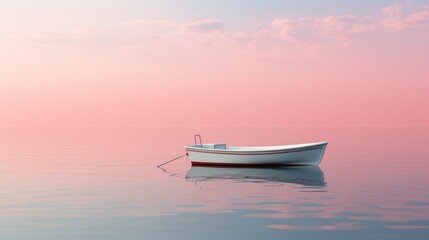 Naklejka premium a boat floating on top of a body of water with a pink sky in the background and a red and white stripe on the front of the bottom of the boat.
