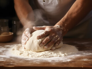 Fototapeta premium A close-up shot of a baker's hands kneading dough, master baker in action
