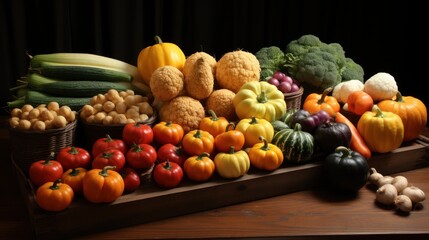  a wooden table topped with lots of different types of fruits and veggies next to a pile of vegetables on top of a wooden table next to a black curtain.