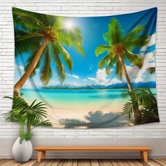 A breathtaking view of a sunny tropical beach with vibrant green palm leaves framing the view of a distant paradise island