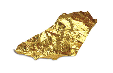 Torn empty crumbled  texture gold foil paper piece on white background.