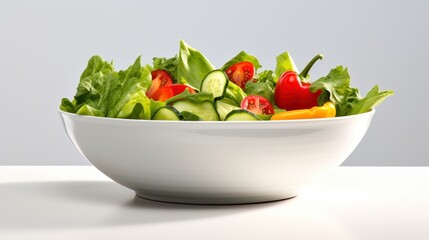  a white bowl filled with lettuce, cucumbers, tomatoes and other veggies on top of a white table next to a light gray wall.