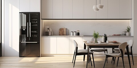 Contemporary kitchen with white furnishings and black fridge. Bright and roomy dining area. Upscale apartment design plan.