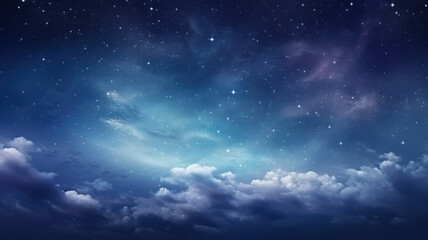 Naklejka na ściany i meble Stars in the night sky. Fluffy volumetric clouds at night against a dark blue sky with stars background. Background night sky with stars and clouds.
