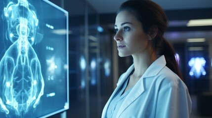 A doctor woman using 3D artificial intelligence, a blue light in the back, 4k , Generated AI