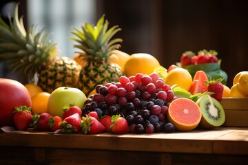 An Array of Fresh, Colorful Fruits Neatly Laid Out on a Rustic Table, Illuminated by Soft, Natural Light