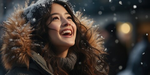Happy attractive young woman enjoys snow and snowflakes at Christmas fair. Outside. Xmas holiday....