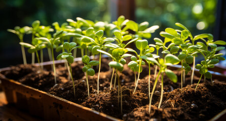 Seedlings growing in a box on a window. A group of small green plants growing in dirt