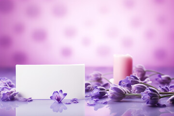 Blank greeting card and lavender flowers lying nearby.