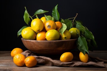 A colorful display of fresh Ximenia fruits in a wooden bowl, set against a neutral background for a striking contrast