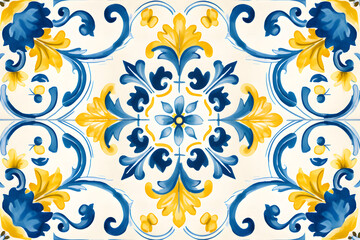 Fototapeta na wymiar Rustic blue and yellow tile watercolor seamless pattern. Pattern of azulejos tiles 