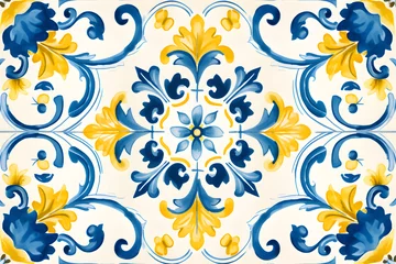 Foto op Plexiglas anti-reflex Rustic blue and yellow tile watercolor seamless pattern. Pattern of azulejos tiles  © Oksana