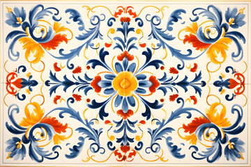 Rustic blue and yellow tile watercolor seamless pattern. Pattern of azulejos tiles  - obrazy, fototapety, plakaty