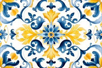 Rustic blue and yellow tile watercolor seamless pattern. Pattern of azulejos tiles 