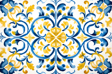 Fototapeta na wymiar Rustic blue and yellow tile watercolor seamless pattern. Pattern of azulejos tiles 