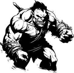 Black and White Design of an Orc - Defending - Fantasy RPG Clipart Graphic - obrazy, fototapety, plakaty