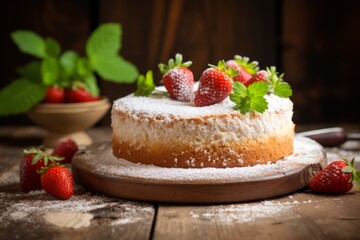 Delicious and airy chiffon cake, topped with ripe strawberries and sprinkled with sugar, on a rustic wooden table setting