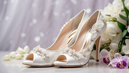  Beautiful white bride's shoes, flowers background event