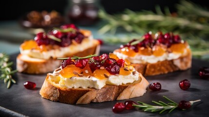  cranberry and cheese appetizer with rosemary sprigs on a black platter with cranberry sauce and rosemary spribs on the side.