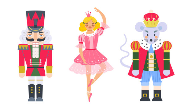 Christmas decorative fairy tale greeting set for holiday design: nutcracker, ballerina, mouse king. Vector illustration on white isolated background.